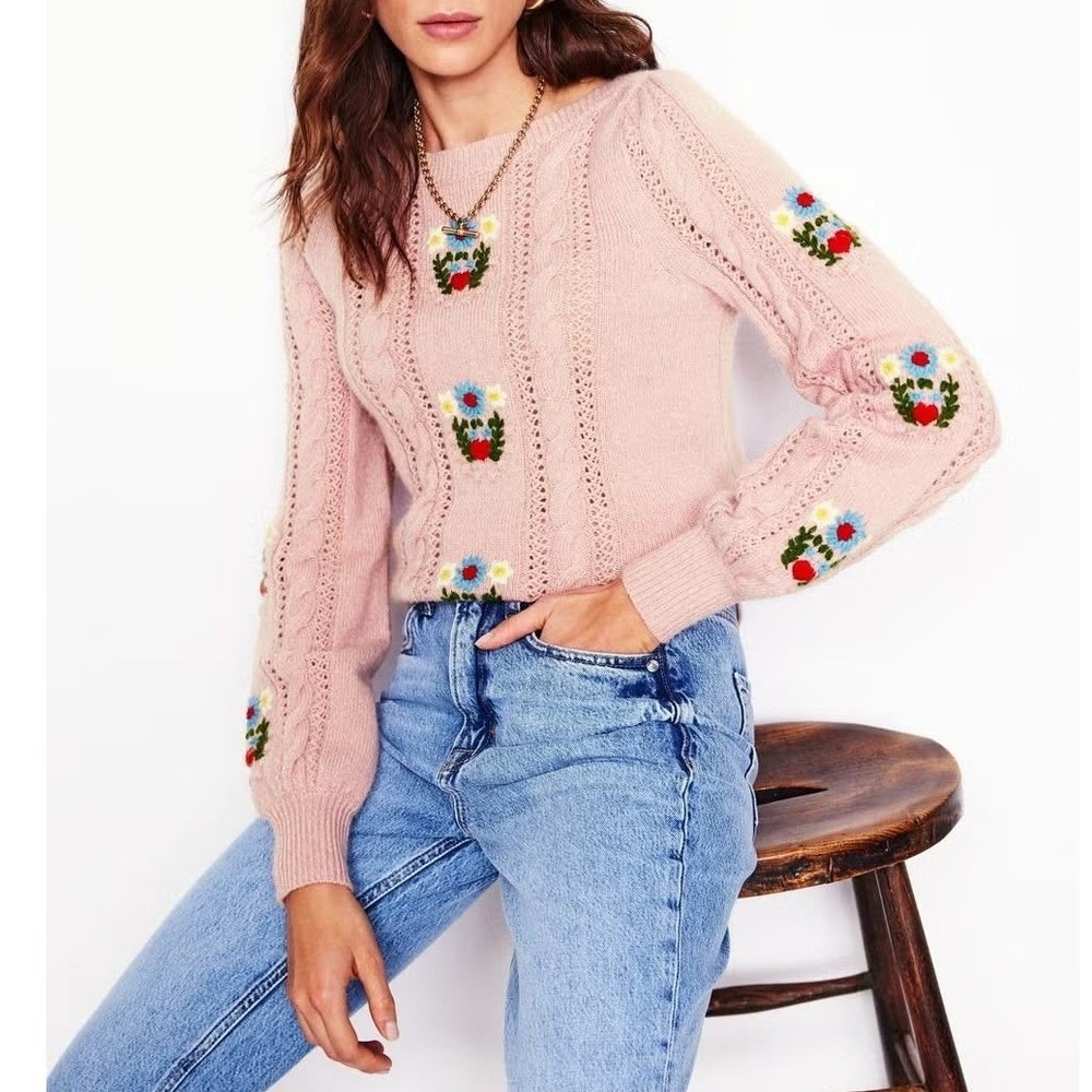 Boden Floral Embroidered Sweater XS Cable Knit Wool Mohair Blend Cottagecore NWT